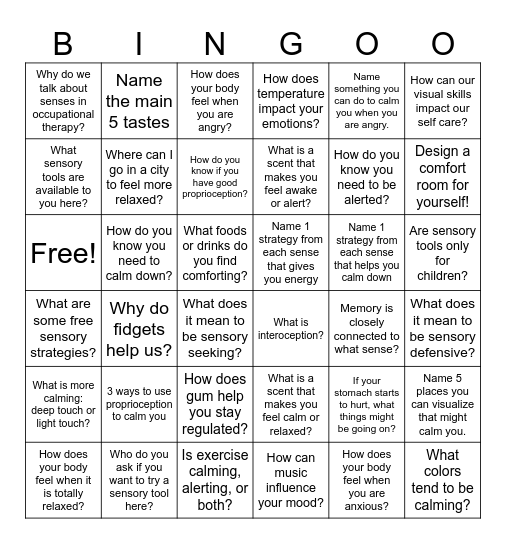 Sensory Bingo Card