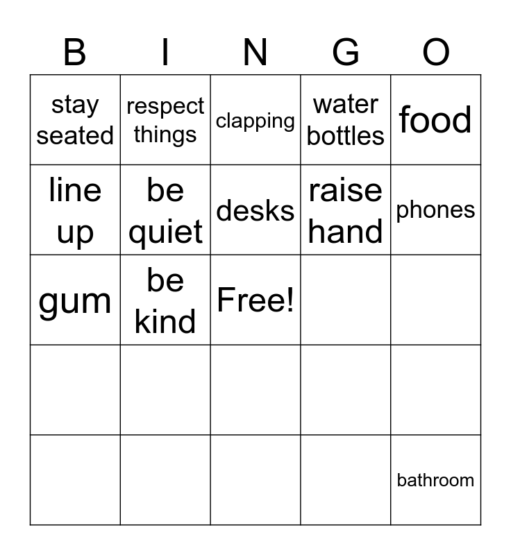 School Rules Bingo Card
