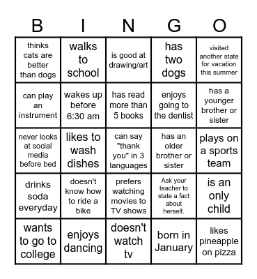 Get to know your Classmates Bingo Card