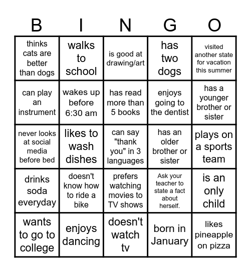 Get to know your Classmates Bingo Card