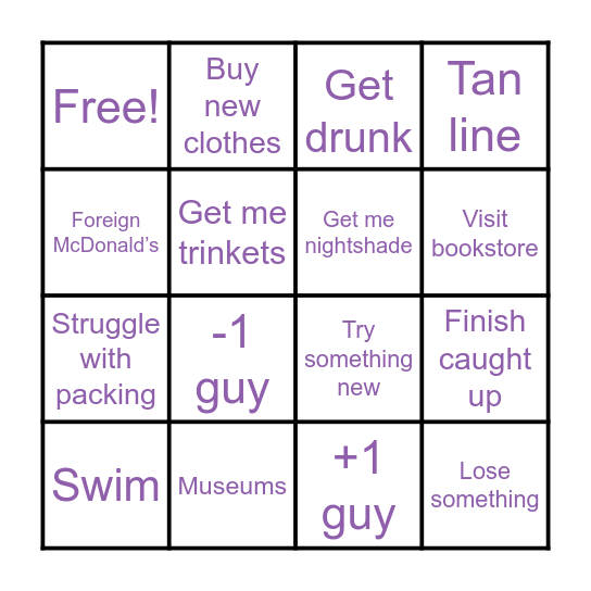 Lizzy summer abroad Bingo Card