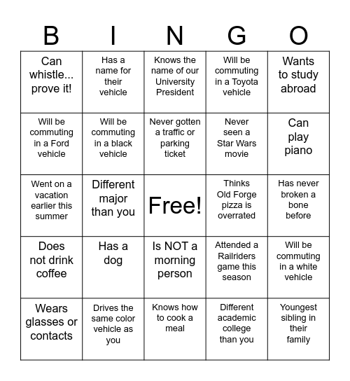 Commuter Day: The Royal Way Commuter Bingo Card