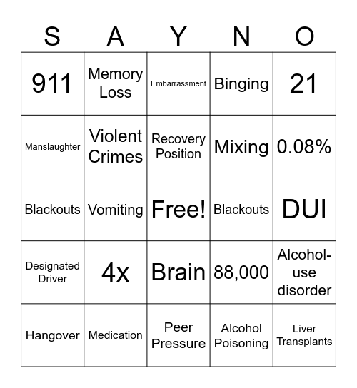 Alcohol Prevention Bingo Card