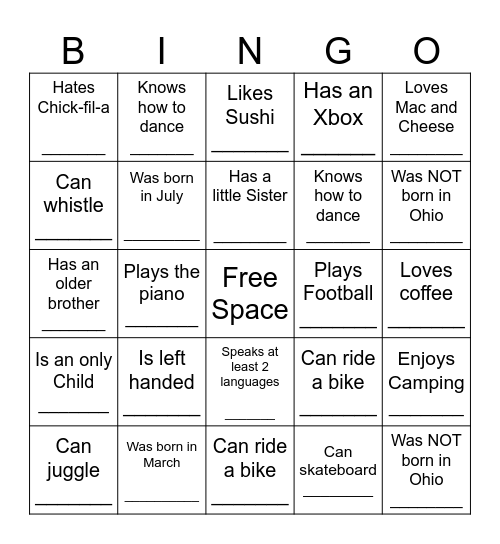 YOUTH HUMAN BINGO Card
