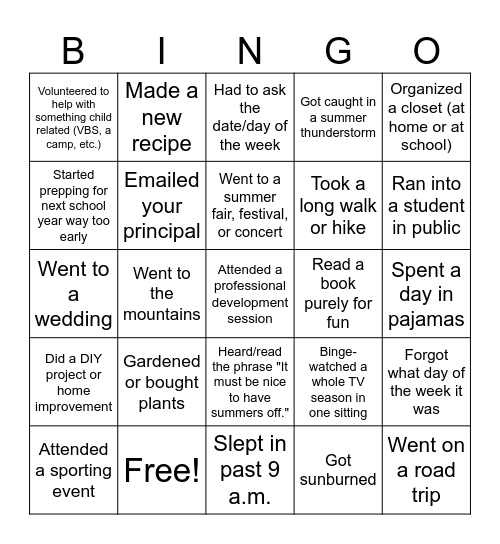 Summer Bingo Card