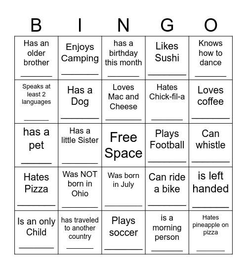 YOUTH HUMAN BINGO Card
