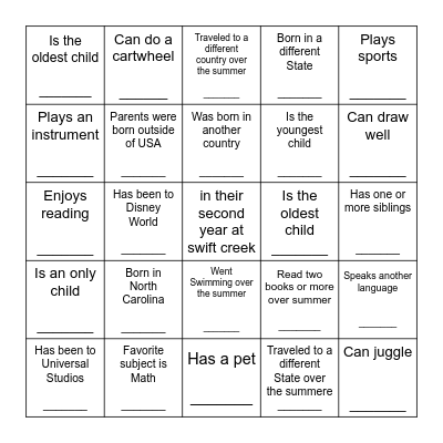 First Day of School Bingo Card