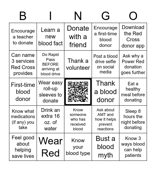 High School Blood Drive BINGO Card