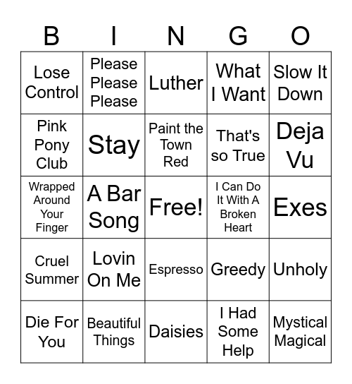 Top Hits Bingo Card