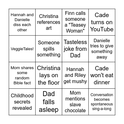 Family Night Bingo Card