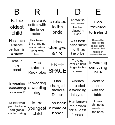 Rachel's Bridal Shower Bingo Card