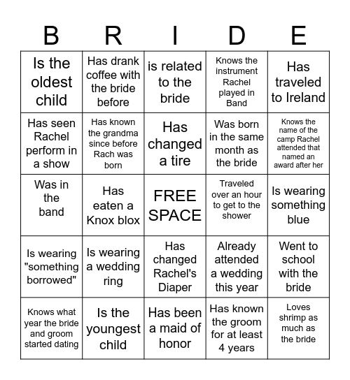 Rachel's Bridal Shower Bingo Card