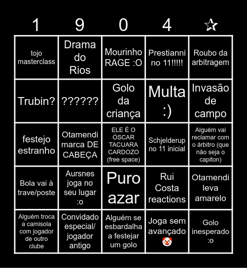 Benfica Bingo Card