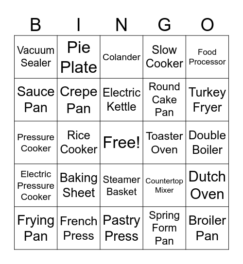 FCS Skillathon - Appliance and Cookware Bingo Card