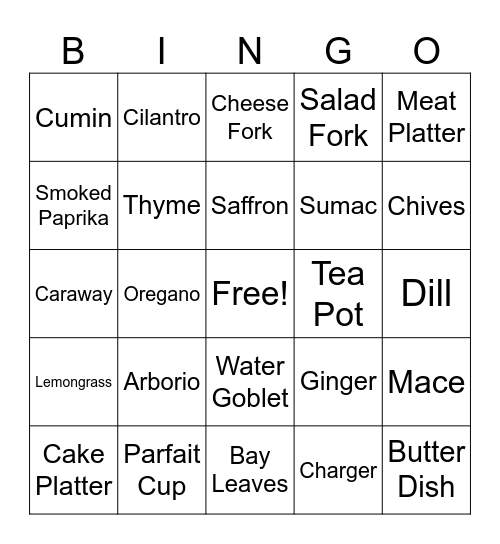 FCS Skillathon - Dish/Tableware and Spices/Foods Bingo Card