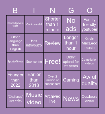 Randomized youtube videos Bingo Card
