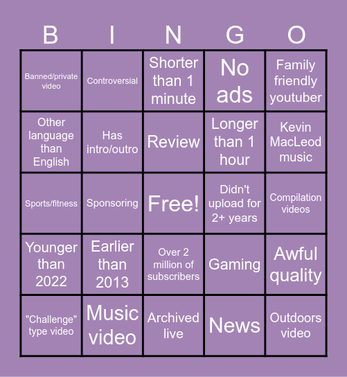 Randomized youtube videos Bingo Card