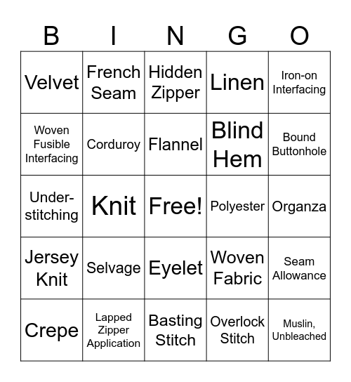 FCS Skillathon - Fabric Etc. / Techniques Bingo Card