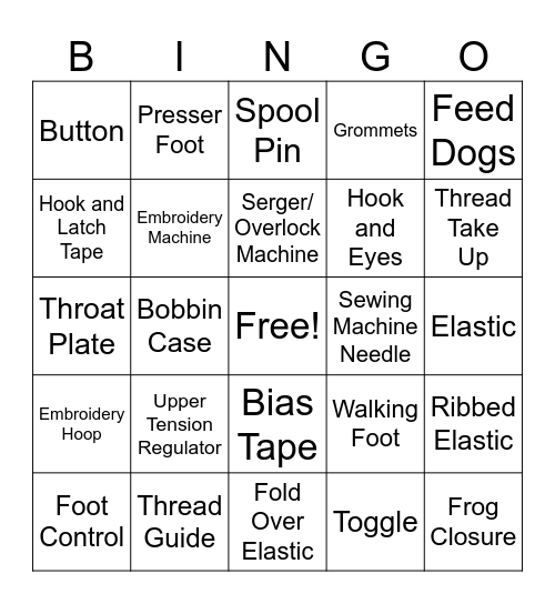 FCS Skillathon - Sewing Machine Parts/Trims and Fasteners Bingo Card