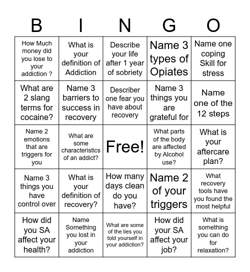 SRC Addiction Bingo Card