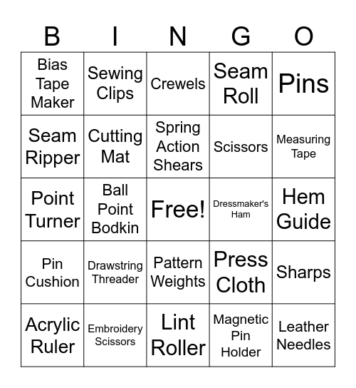 FCS Skill-a-thon - Sewing/Clothing Tools Bingo Card