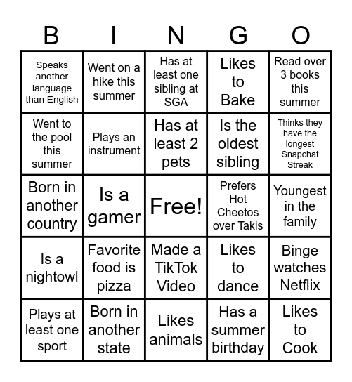 All About Me: Summer Edition Bingo Card