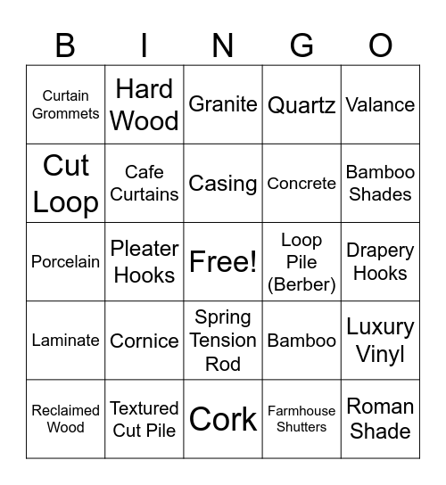 FCS Skillathon - Carpet/Flooring/Counters and Curtains/Window Treatments Bingo Card