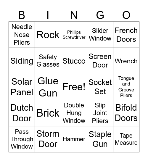FCS Skillathon - Tools and Doors/Windows/Building Materials Bingo Card