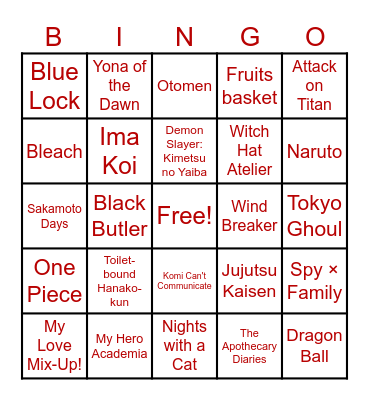 Anime and Manga BINGO Card