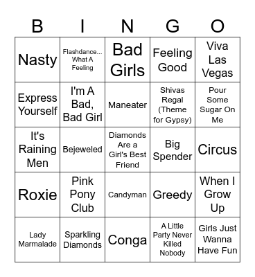 Showgirl Songs Bingo Card