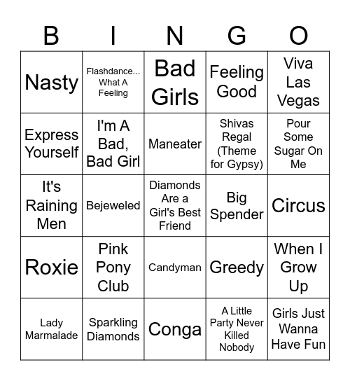 Showgirl Songs Bingo Card
