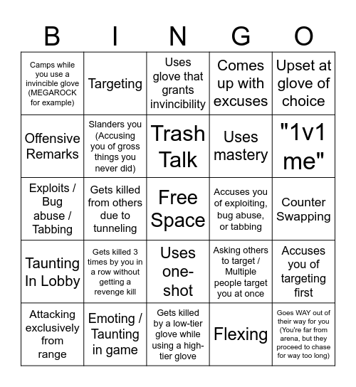 Slap Battles Toxicity Bingo Card