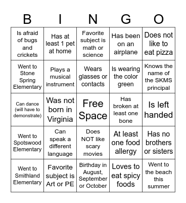 SKMS Cross Country Bingo Card