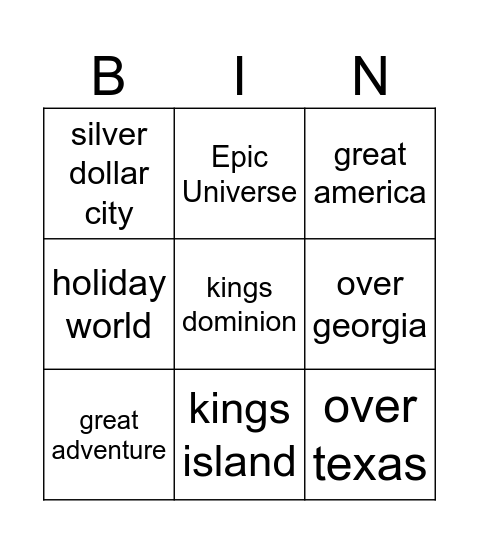 Bucket List Parks Bingo Card