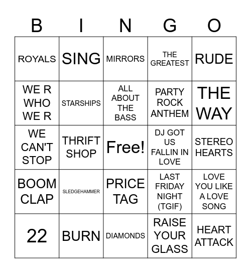 2010's Pop Songs Bingo Card