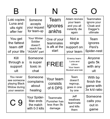 Marvel Rivals Bingo Card