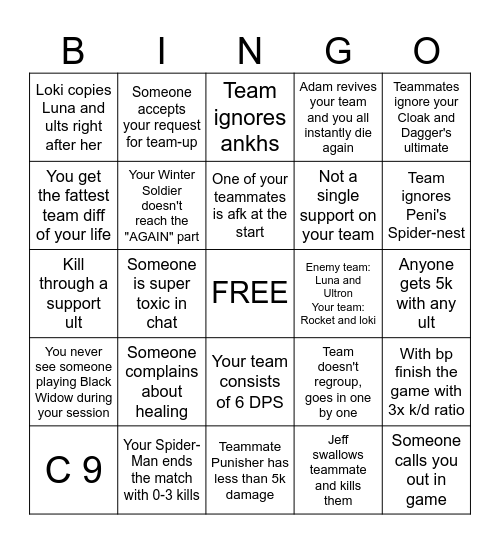 Marvel Rivals Bingo Card