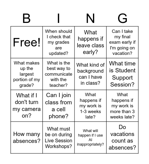 Class Policy Bingo Card