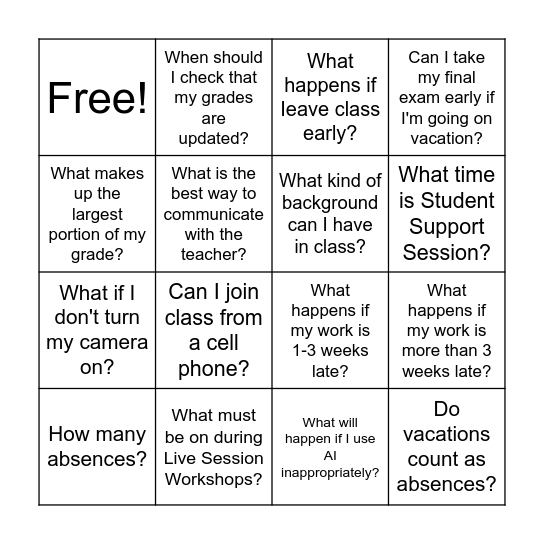 Class Policy Bingo Card