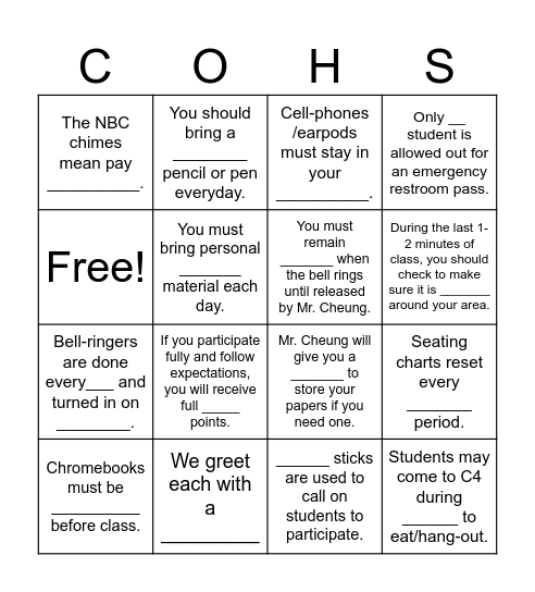 COHS BINGO Card