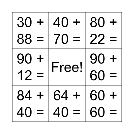 Bridging through to 100 Bingo Card