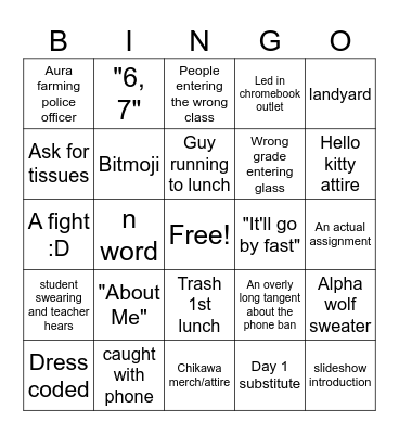 First day of school bingo Card