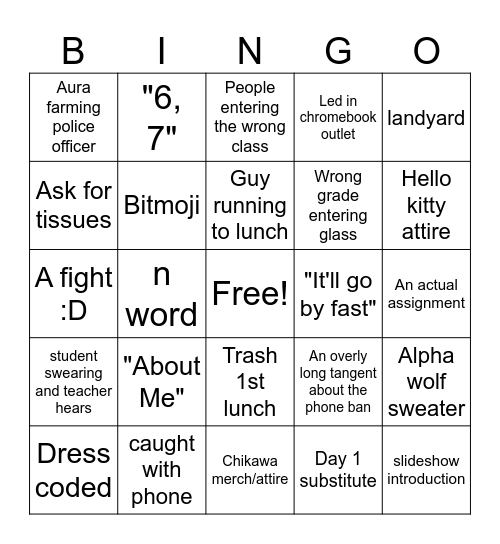 First day of school bingo Card