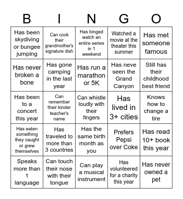Getting to Know Each Other Bingo Card