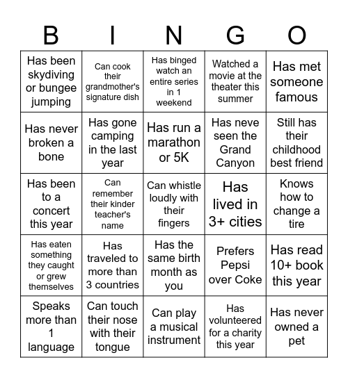 Getting to Know Each Other Bingo Card