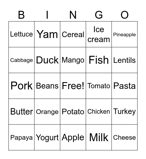 Food Bingo Card