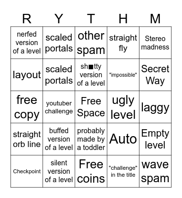 Geometry Dash Recent Tab Bingo Card