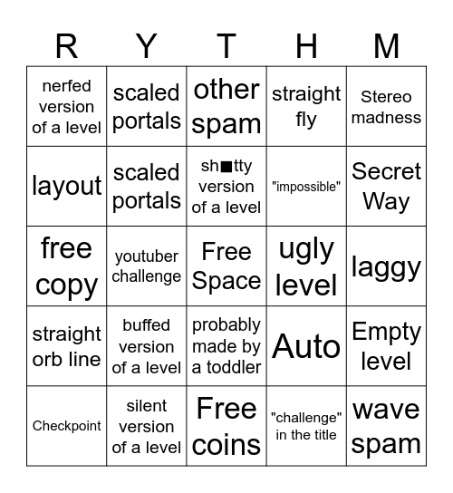Geometry Dash Recent Tab Bingo Card