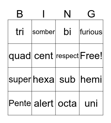 Greek Roots Bingo Card