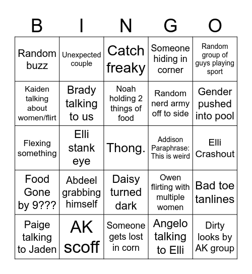 Pool Party Bingo Card